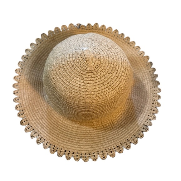 Anne Klein Tan Wide-Brimmed Sun Hat with Pom-Pom Trim - Picture 1 of 7